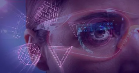 Image of glowing 3d shapes of data transfer over caucasian woman in vr headset Stock Photos