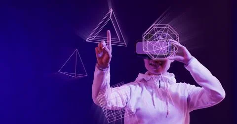 Image of glowing 3d shapes of data transfer over asian woman in vr headset Stock Photos