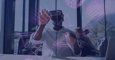 Image of glowing 3d shapes of data transfer over african american man in vr Stock Photos
