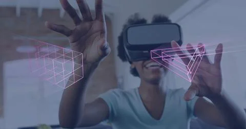 Image of glowing 3d shapes of data transfer over african american woman in vr Stock Photos