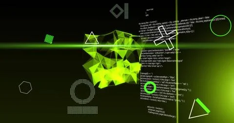 Image of glowing 3d yellow network and scanner beams over data processing, on Stock Photos