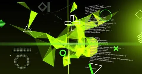 Image of glowing 3d yellow network and scanner beams over data processing, on 写真素材