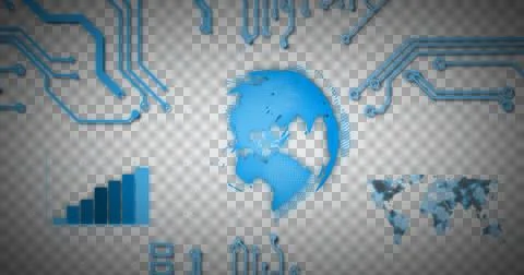 Image of glowing blue computer circuit board elements over globe on grid 스톡 일러스트