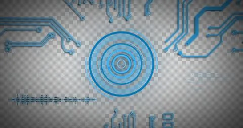 Image of glowing blue computer circuit board elements over scope and data イラスト素材