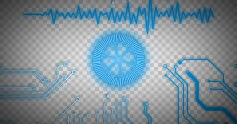 Image of glowing blue computer circuit board elements over scope on grid Stock-Illustration