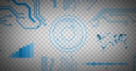 Image of glowing blue computer circuit board elements over scope and world map Stockillustratie