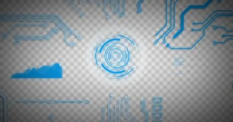 Image of glowing blue computer circuit board elements over scope and data Illustrazione stock