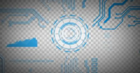 Image of glowing blue computer circuit board elements over scope and data Illustrazione stock