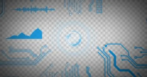 Image of glowing blue computer circuit board elements over scope and data Illustrazione stock