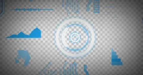 Image of glowing blue computer circuit board elements over scope and data 库存插图
