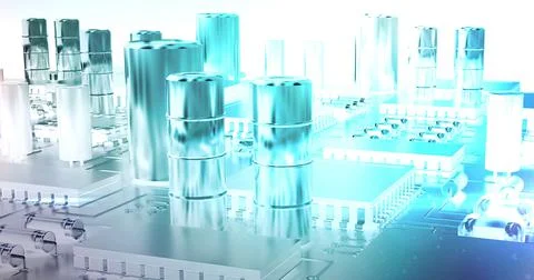 Image of glowing blue computer circuit board elements over white background Stock Photos
