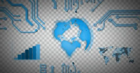 Image of glowing blue computer circuit board elements over globe on grid Fotos Stock