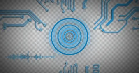 Image of glowing blue computer circuit board elements over scope and data Fotos Stock