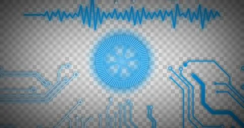 Image of glowing blue computer circuit board elements over scope on grid Fotos Stock