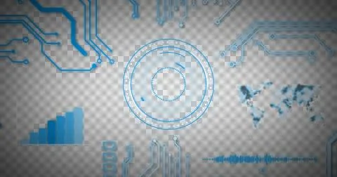 Image of glowing blue computer circuit board elements over scope and world map Stock Photos