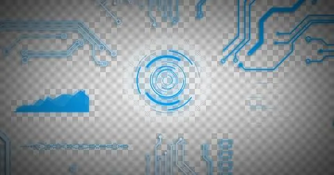 Image of glowing blue computer circuit board elements over scope and data Fotos Stock
