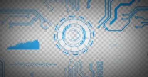 Image of glowing blue computer circuit board elements over scope and data 스톡 사진