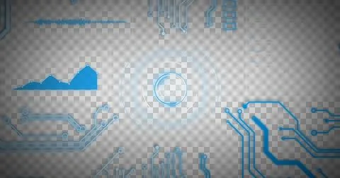 Image of glowing blue computer circuit board elements over scope and data Stock Photos