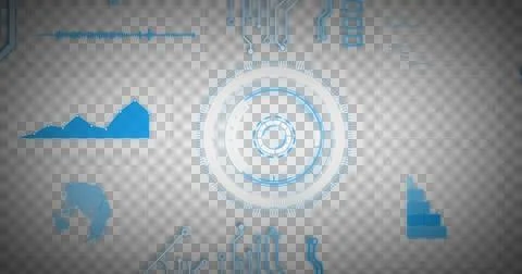Image of glowing blue computer circuit board elements over scope and data Stock Photos