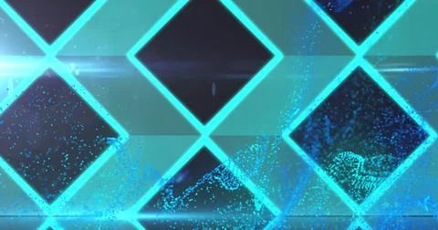 Image of glowing blue diamond grid over blue particle cloud on black background Stock Photos