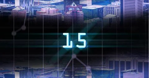 Image of glowing blue digital number fifteen in countdown over cityscape Stock Illustration
