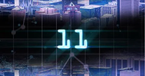 Image of glowing blue digital number eleven in countdown over cityscape Stock Illustration