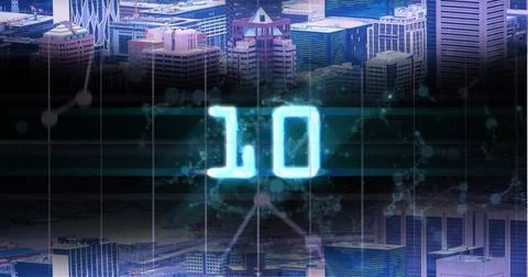 Image of glowing blue digital number ten in countdown over cityscape background Stock Illustration