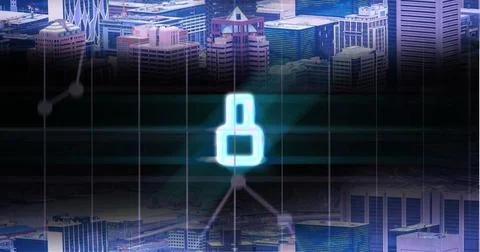 Image of glowing blue digital number eight in countdown over cityscape Stock Illustration
