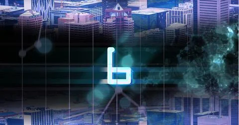 Image of glowing blue digital number six in countdown over cityscape background Stock Illustration