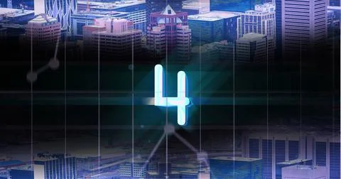 Image of glowing blue digital number four in countdown over cityscape background Stock Illustration