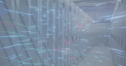 Image of glowing blue light trails spinning over empty computer server room Foto stock
