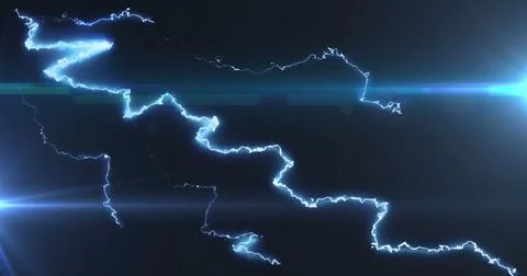 Image of glowing blue lightning flashes and white beam of light on dark 库存插图