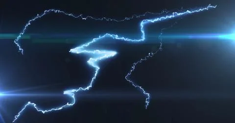 Image of glowing blue lightning flashes and white beam of light on dark Stock Illustration