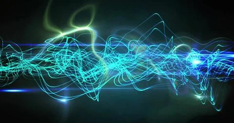 Image of glowing blue network wave over lights on dark background Stock Illustration