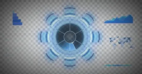 Image of glowing blue scope, world map statistics and data processing Illustrazione stock