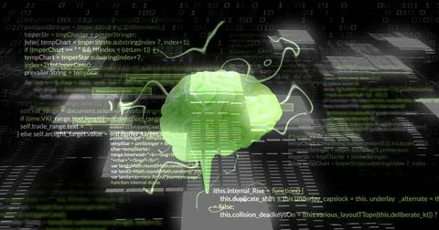 Image of glowing brain and digital data processing over black background Illustrazione stock