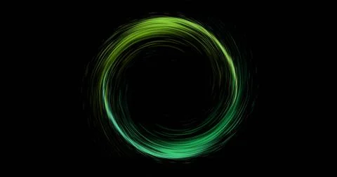 Image of glowing circle of green light trial with copy space on black backg.. Fotos Stock