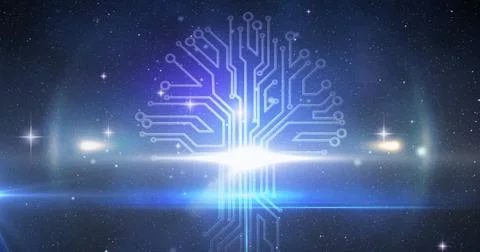Image of glowing computer circuit board elements on blue background Foto stock