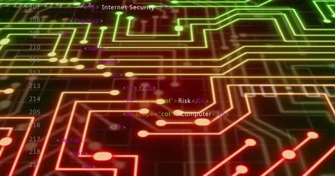 Image of glowing computer circuit board and data processing Stock Photos