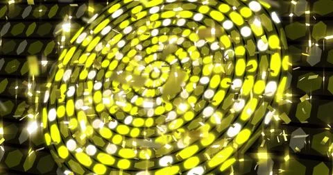 Image of glowing confetti falling over yellow and white glowing discs Stock Photos