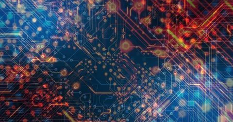 Image of glowing data transferring across motherboard network 写真素材