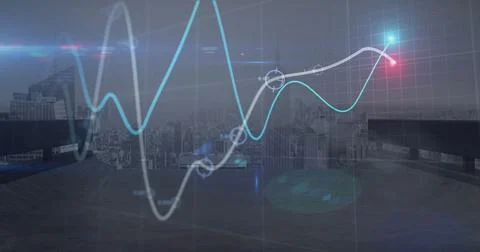 Image of glowing graph processing data over cityscape and cloudy grey sky 스톡 일러스트