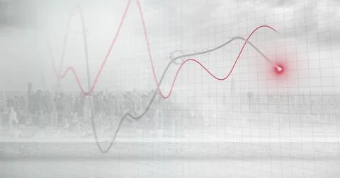 Image of glowing graph processing data over cityscape and cloudy grey sky Illustrazione stock