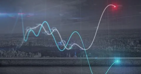 Image of glowing graph processing data over cityscape and cloudy grey sky イラスト素材