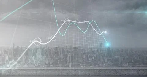 Image of glowing graph processing data over cityscape and cloudy grey sky Stock Photos