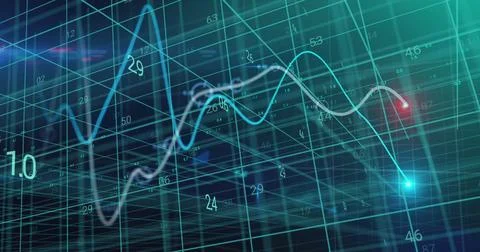 Image of glowing graphs and processing data over 3d grid on black background Stock Illustration