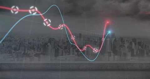 Image of glowing graphs moving against aerial view of cityscape Illustrazione stock