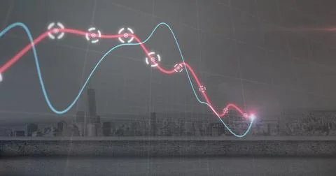 Image of glowing graphs moving over grid network against aerial view of Illustrazione stock