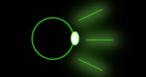 Image of glowing green circle with rays over black background Stock Photos