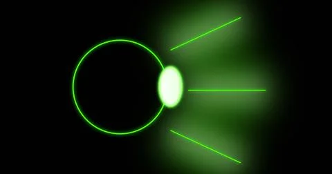 Image of glowing green circle with rays over black background Stock Photos